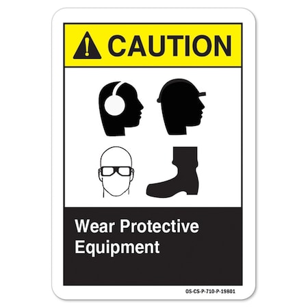 Signmission ANSI Sign, Wear Protective Equipment, Ear Head Eye Foot, 18in X 12in Alum, 12" H, 18" W, Landscape OS-CS-A-1218-L-19801